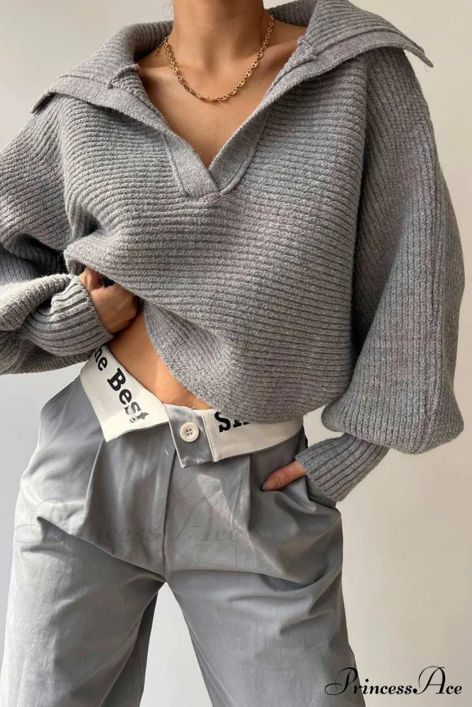 V Neck Puff Sleeve Sweater With Lapel Grey / S Sweaters-L