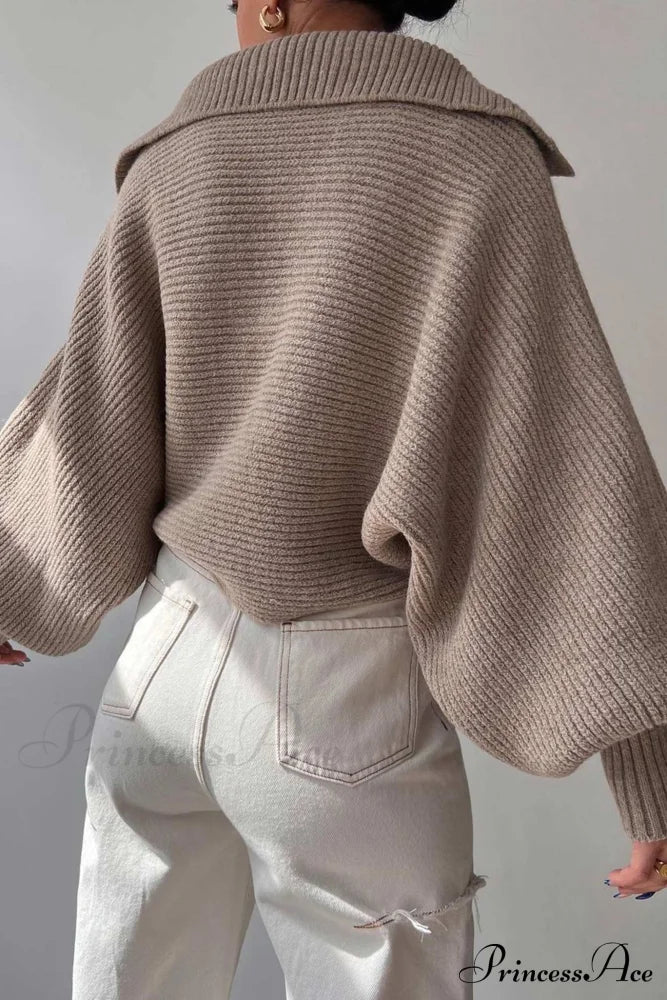 V Neck Puff Sleeve Sweater With Lapel Khaki / L Sweaters-L