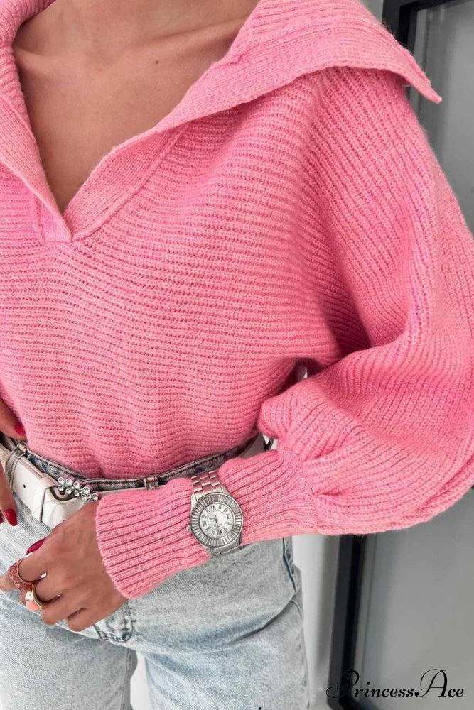 V Neck Puff Sleeve Sweater With Lapel Pink / L Sweaters-L