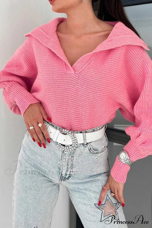 V Neck Puff Sleeve Sweater With Lapel Pink / M Sweaters-L