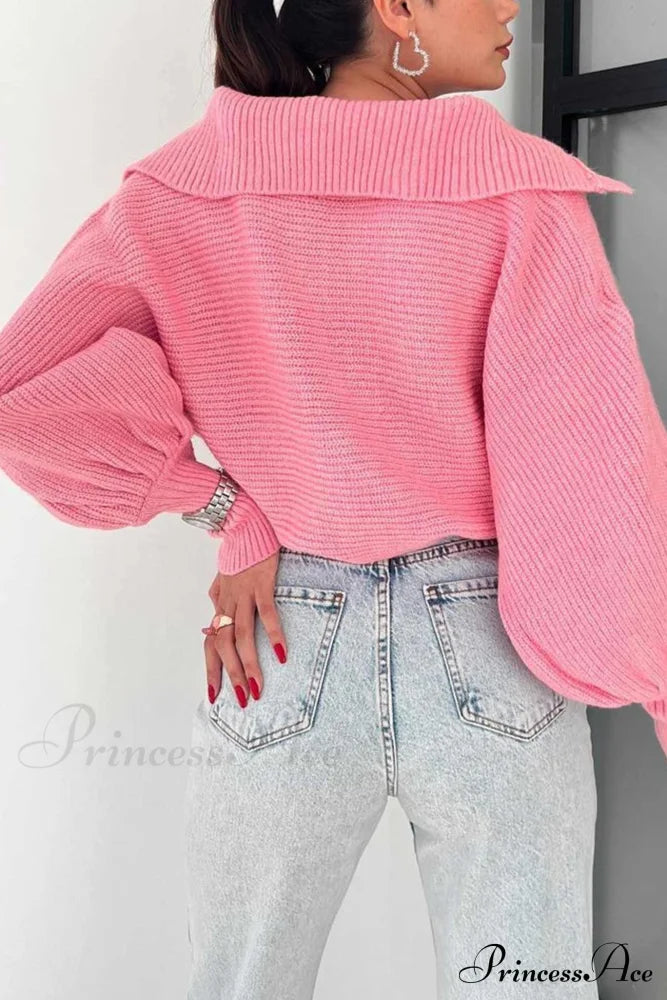 V Neck Puff Sleeve Sweater With Lapel Pink / Xl Sweaters-L