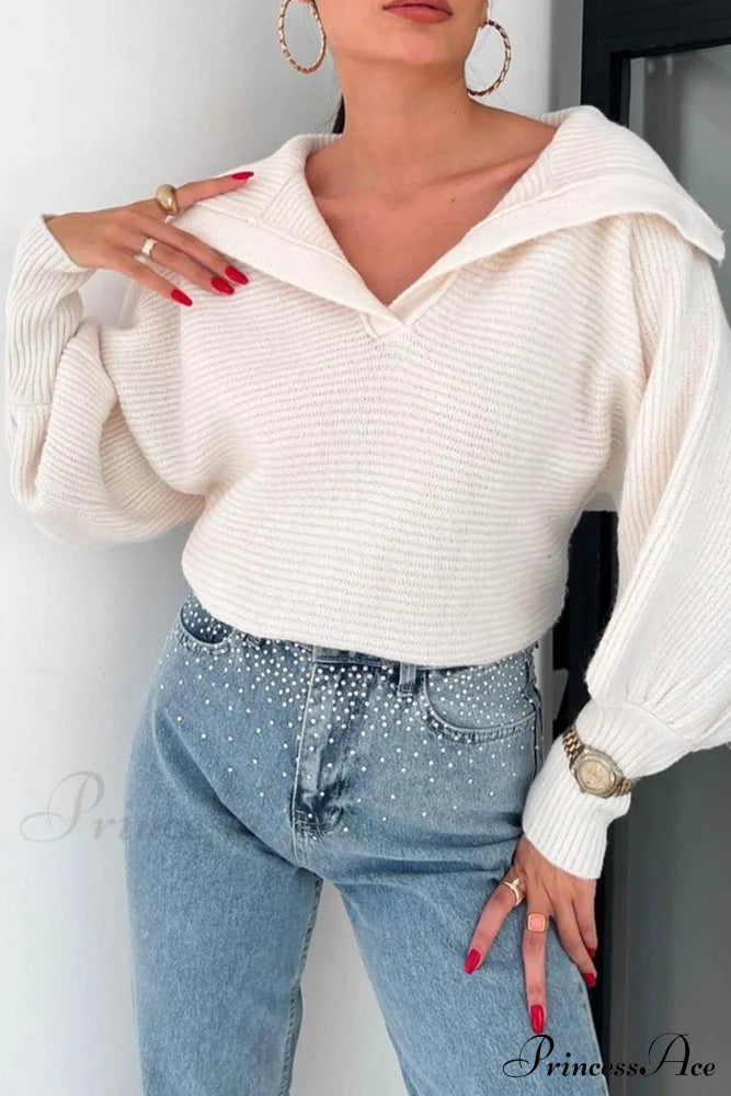 V Neck Puff Sleeve Sweater With Lapel White / S Sweaters-L