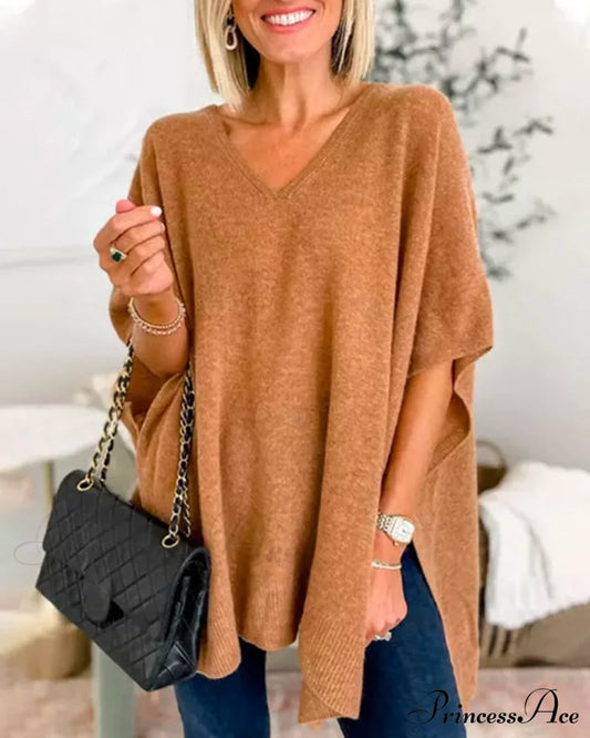 Elegant v-neck Pullover Sweater Khaki 2023 f/w 23BF clothes spring Sweaters sweaters & cardigans Tops/Blouses