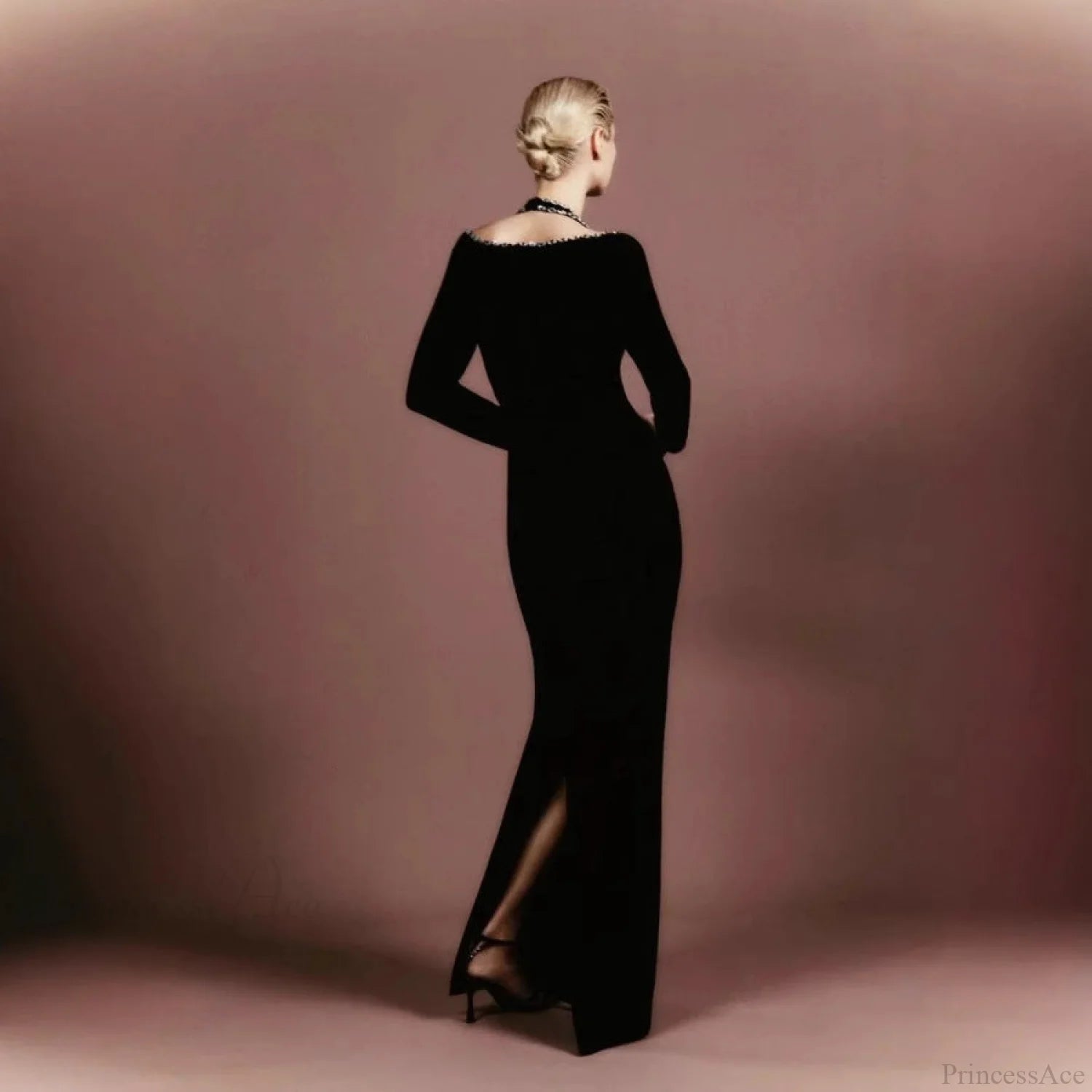 V-Neck Rhinestone Bandage Long Sleeve Fall Prom Dress black / XS promdress-250223