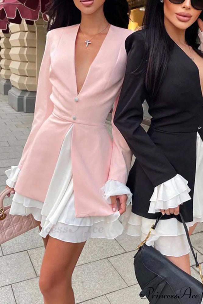 V Neck Ruffle Dress With Fake Two-Piece Design Mini Dresses