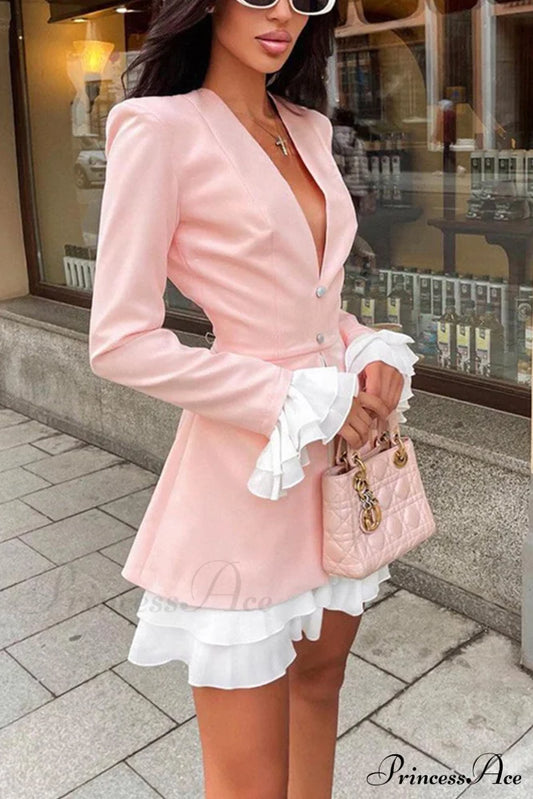 V Neck Ruffle Dress With Fake Two-Piece Design Pink / L Mini Dresses