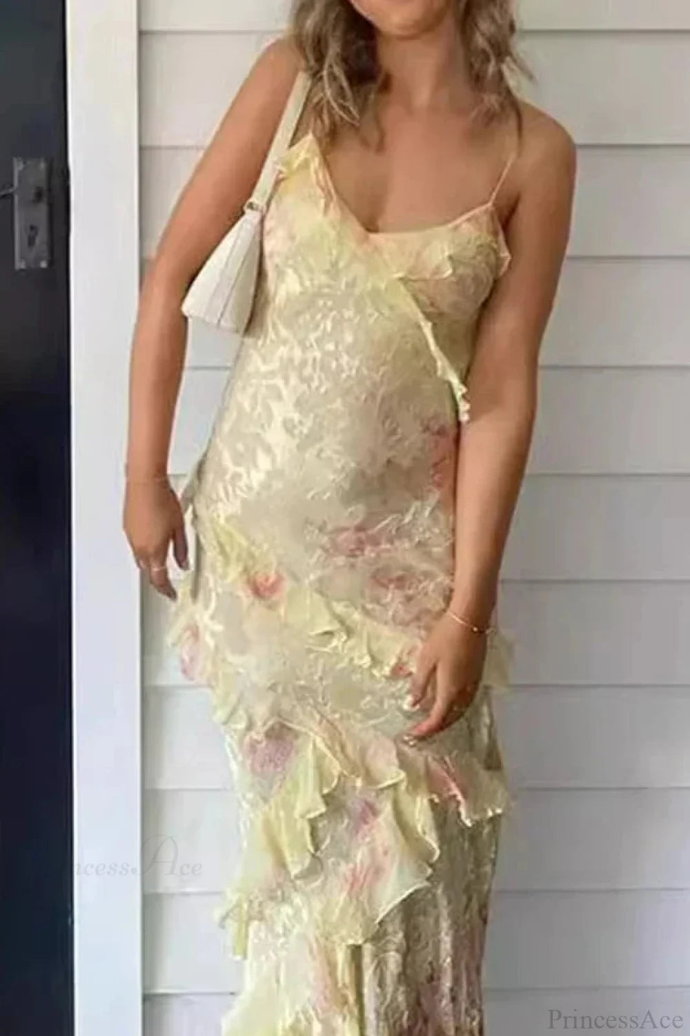 V Neck Ruffled Floral Print Vacation Dress Yellow / S vacationdress-250223