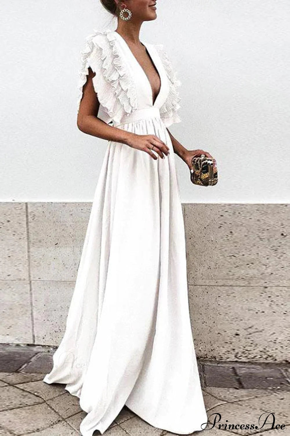 V Neck Ruffled High Waist Party Dress S / Gray V Neck Long Maxi Dress
