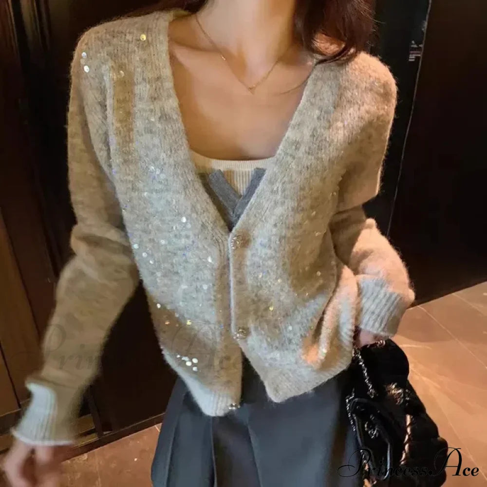 V-Neck Sequin Sparkling Cardigan Cardigan-241208