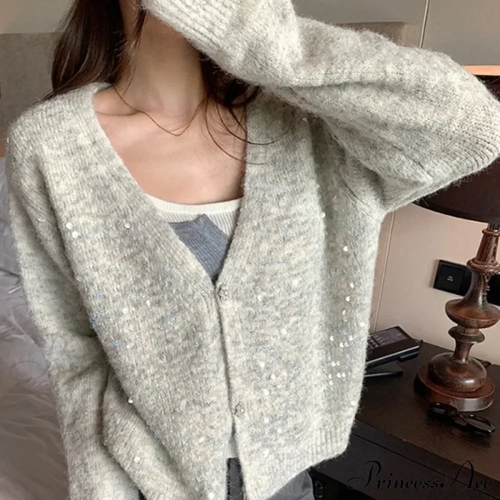 V-Neck Sequin Sparkling Cardigan Cardigan-241208