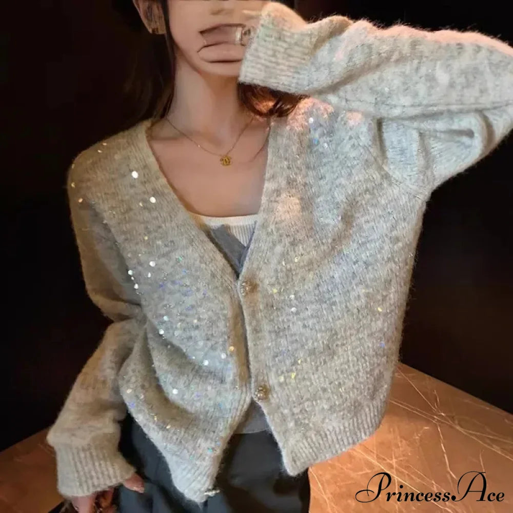 V-Neck Sequin Sparkling Cardigan Cardigan-241208