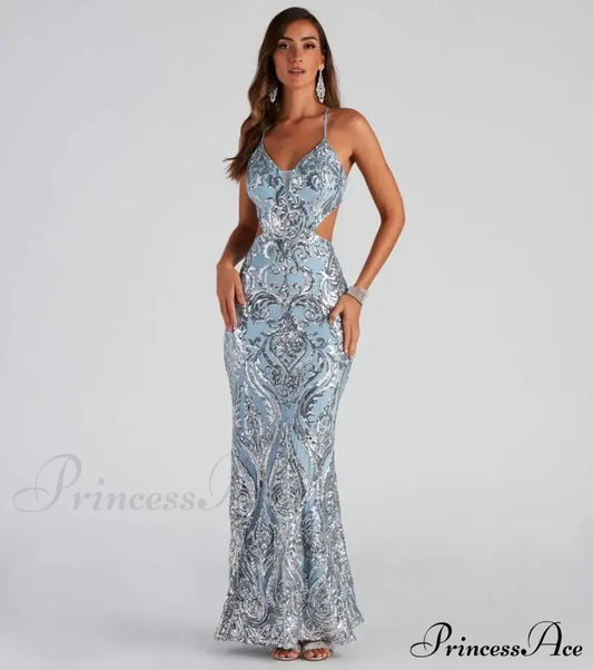 V-Neck Sequined Party Dress Light Blue / S Partydress-241208