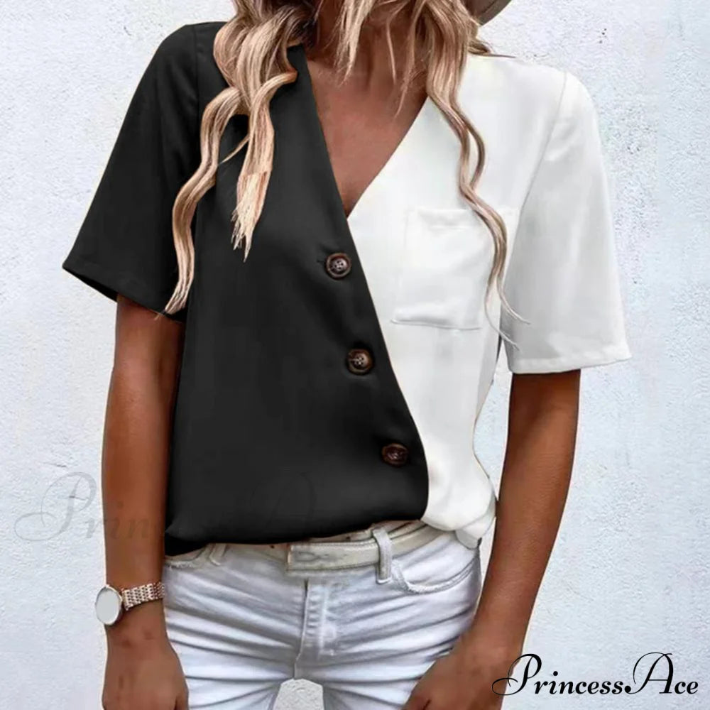 V-Neck Short Sleeve Buttons Decor Lady Shirt