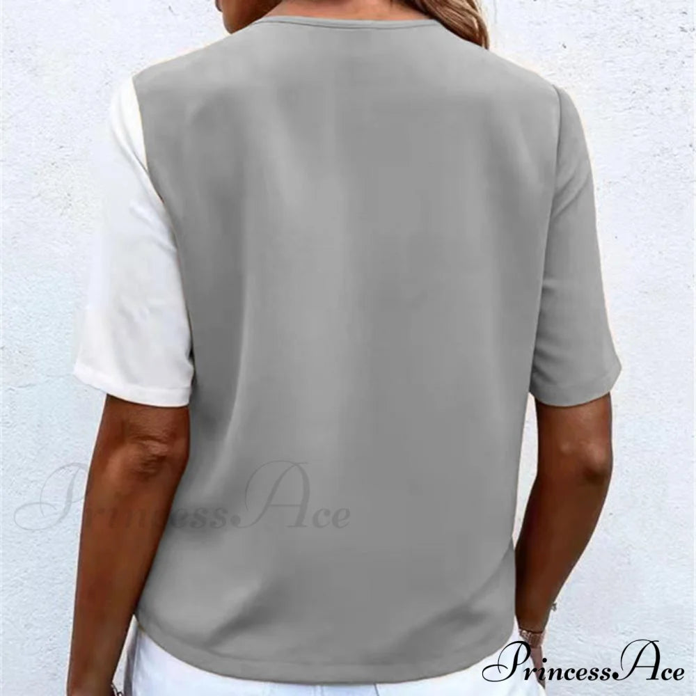 V-Neck Short Sleeve Buttons Decor Lady Shirt