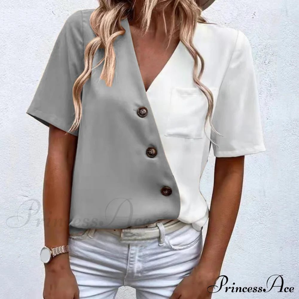 V-Neck Short Sleeve Buttons Decor Lady Shirt