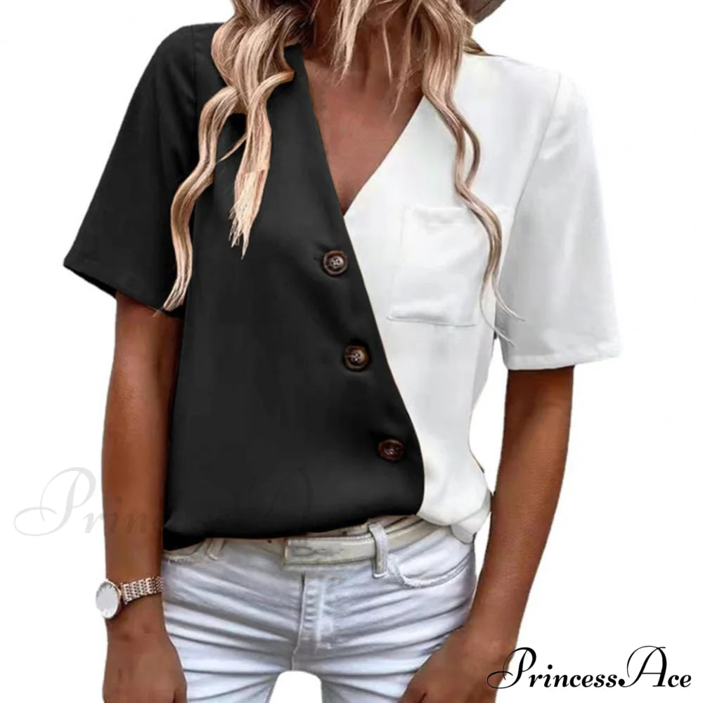 V-Neck Short Sleeve Buttons Decor Lady Shirt Black / S