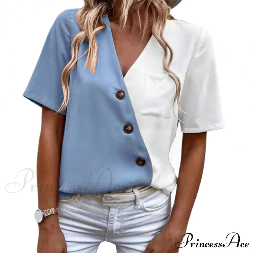 V-Neck Short Sleeve Buttons Decor Lady Shirt Blue / S