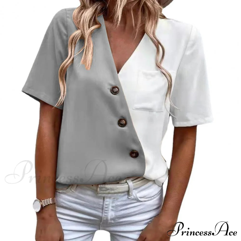 V-Neck Short Sleeve Buttons Decor Lady Shirt Grey / S