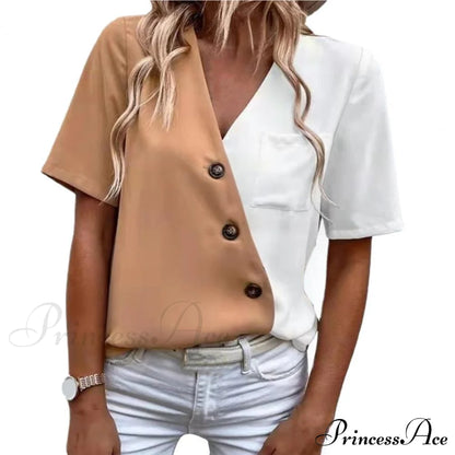 V-Neck Short Sleeve Buttons Decor Lady Shirt Khaki / S