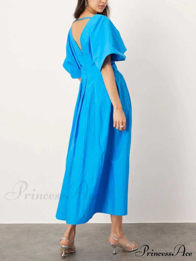 V-Neck Short Sleeve Charming Midi Dress In Blue Dresses