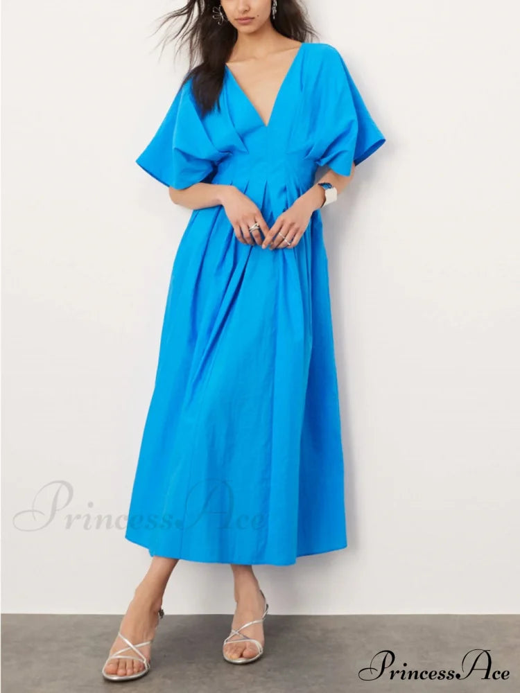 V-Neck Short Sleeve Charming Midi Dress In Blue / S Dresses