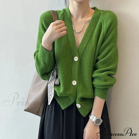 V-Neck Single Button Knitted Green Cape Clothes Autumn Women Christmas Sweater / One Size Sweaters-L