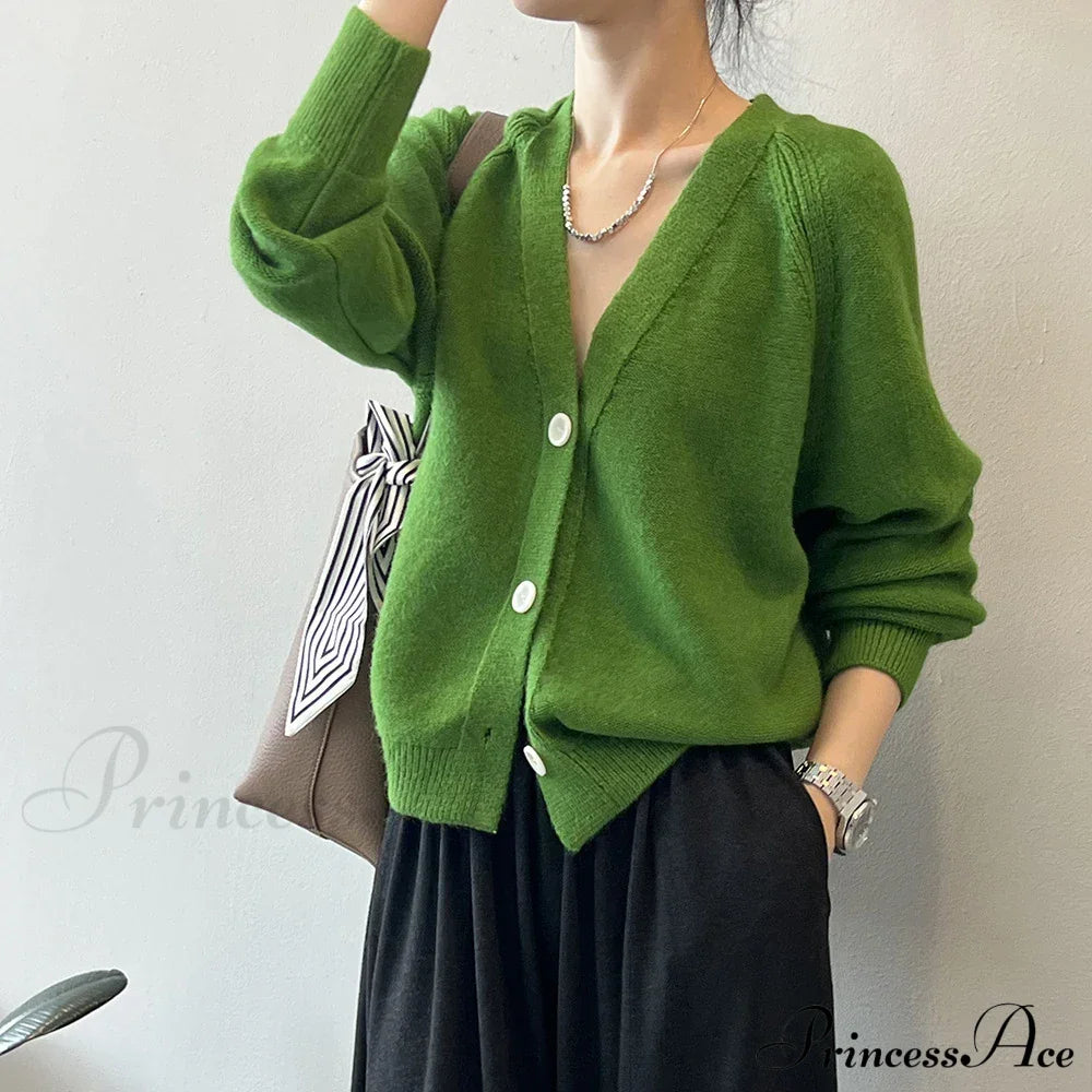 V-Neck Single Button Knitted Green Cape Clothes Autumn Women Christmas Sweater Sweaters-L