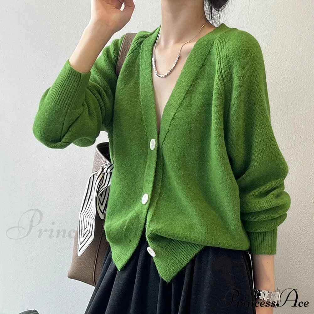 V-Neck Single Button Knitted Green Cape Clothes Autumn Women Christmas Sweater Sweaters-L