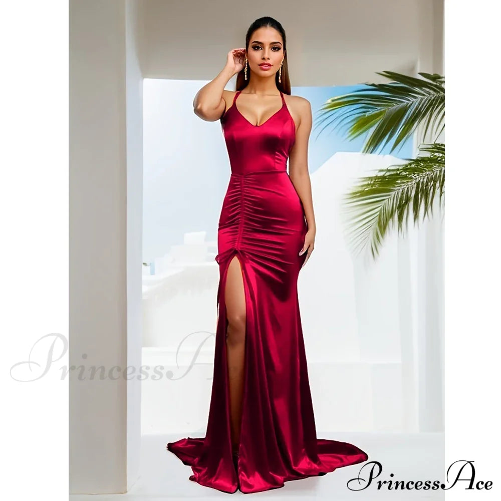 V-Neck Sleeveless Satin Party Dress Burgundy / Xs Partydress-241208