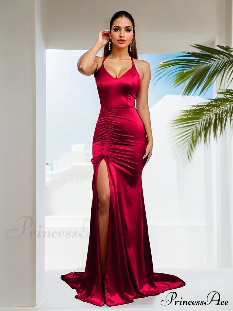 V-Neck Sleeveless Satin Party Dress Partydress-241208