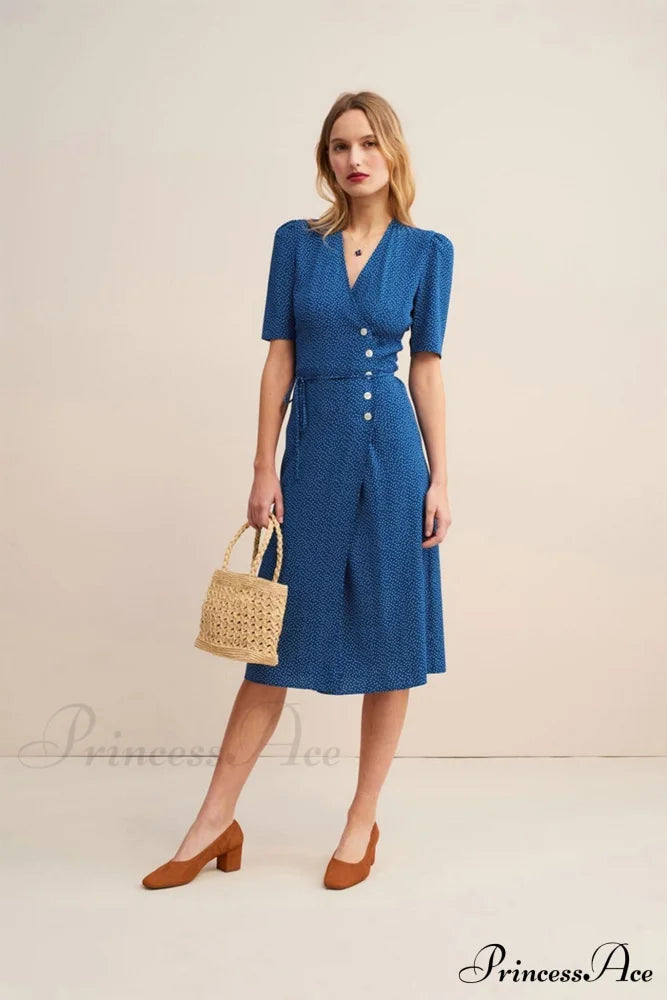 V Neck Slit Short Sleeve Dress Blue / S Maxi Dresses