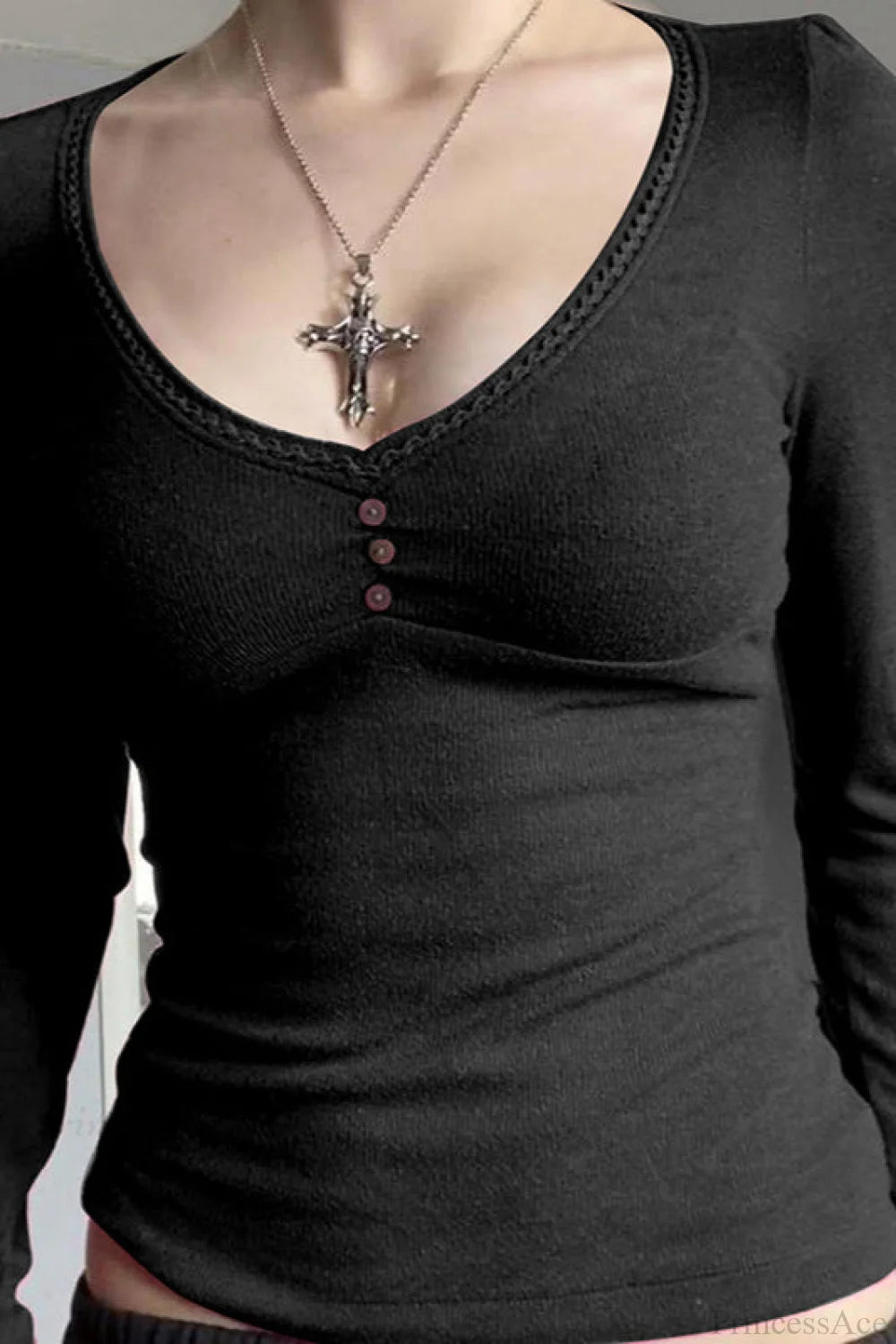 V-Neck Solid Fitted Long Sleeve Tee Black / S