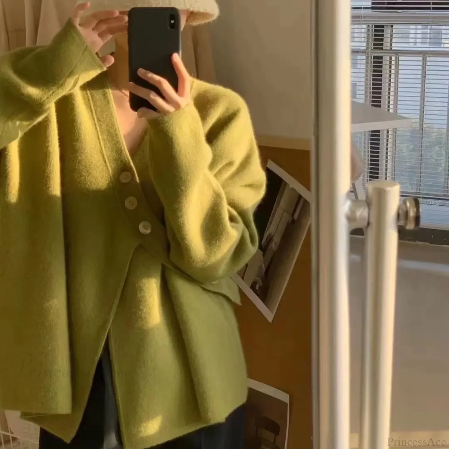 V-Neck Solid Simplicity Office Lady Autumn Knit Cardigan Green / S cardiagn-250126