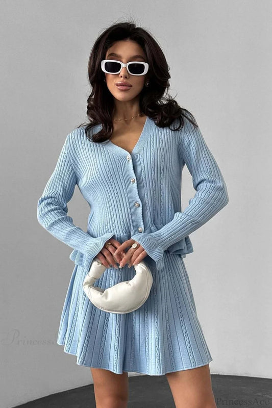 V-Neck Sparkle Ruffled Waist-Cinched Knit Chic Two Piece Set Blue / S