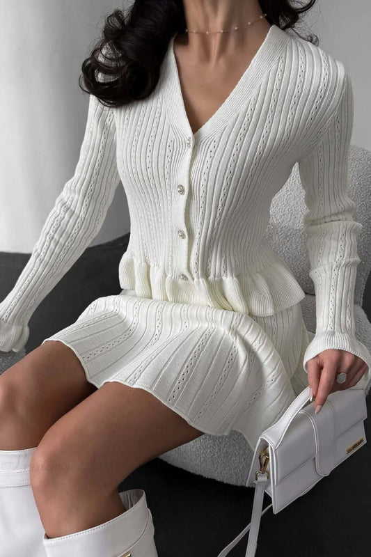 V-Neck Sparkle Ruffled Waist-Cinched Knit Chic Two Piece Set White / S