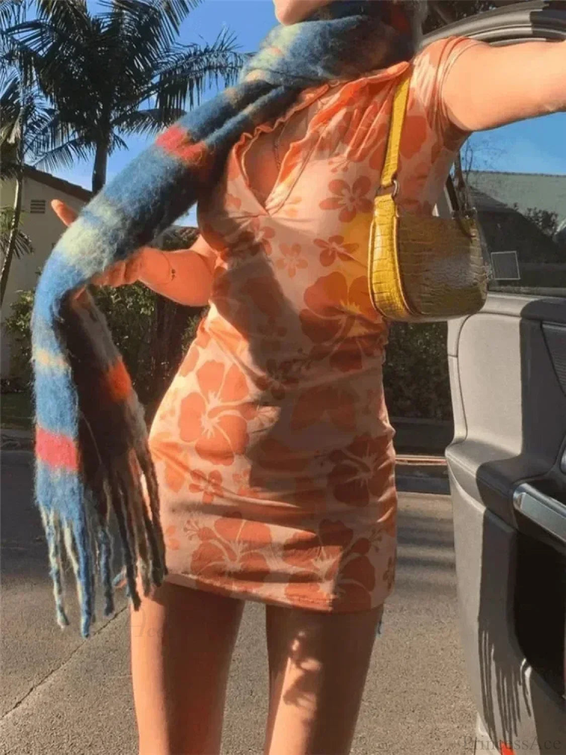 V-Neck Stitched Print Mini Dress minidress-250223