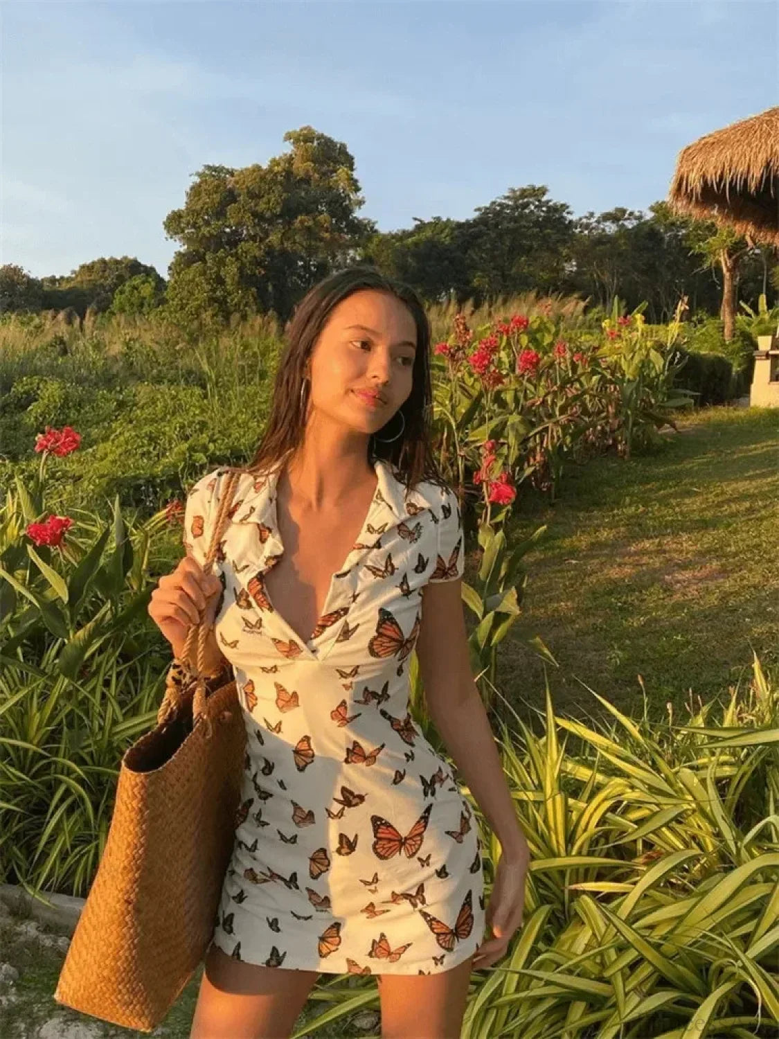 V-Neck Stitched Print Mini Dress WHITE / S minidress-250223