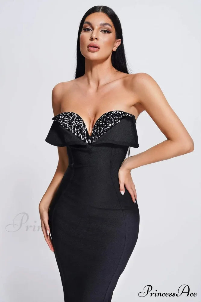 V-Neck Strapless Black Party Dress Partydress-241208