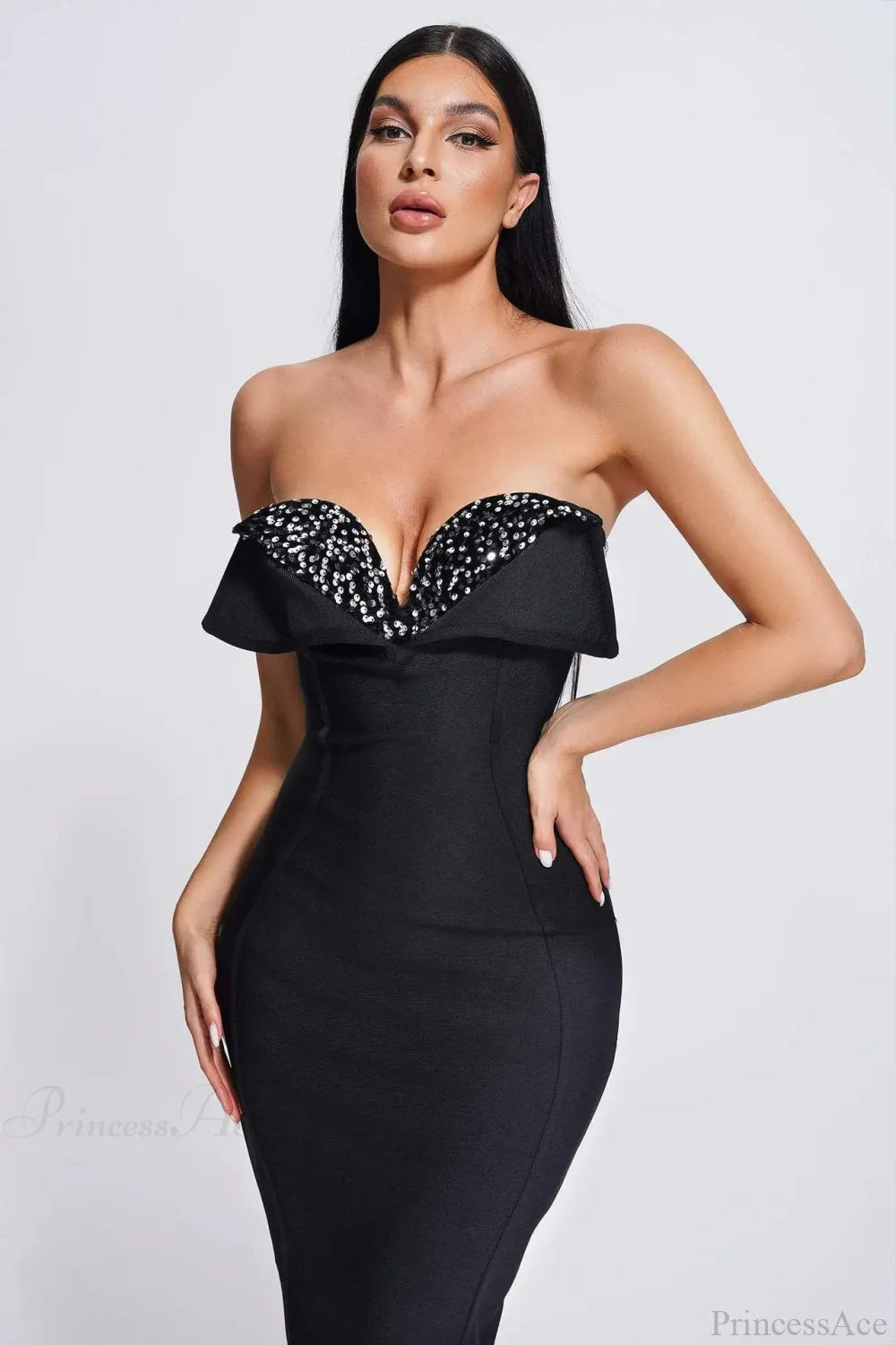V-Neck Strapless Black Party Dress Partydress-241208