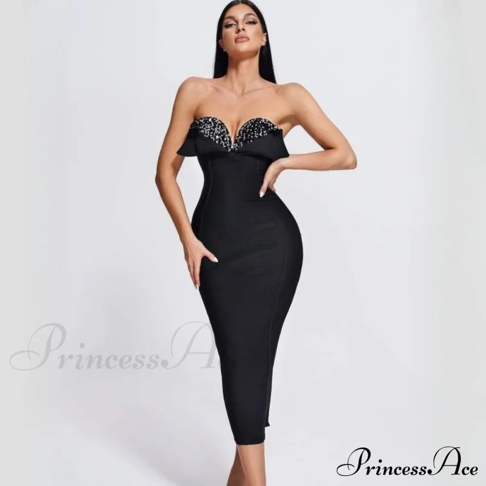 V-Neck Strapless Black Party Dress Partydress-241208