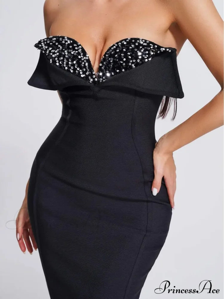 V-Neck Strapless Black Party Dress Partydress-241208