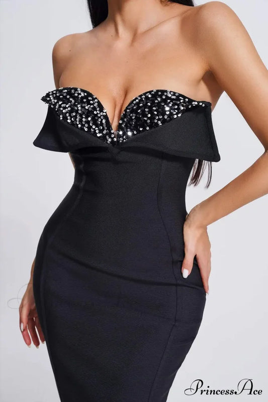 V-Neck Strapless Black Party Dress Partydress-241208