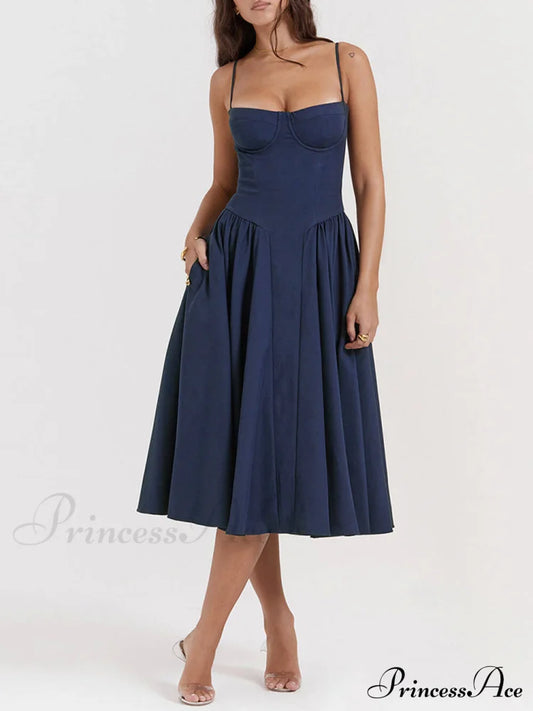 V-Neck Strapless Stylish Midi Dress Navy Blue / Xs Dresses