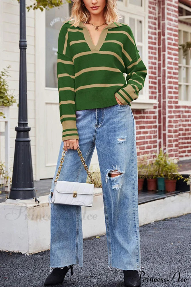 V-Neck Striped Sweater With Lapel Green / M Sweaters-L