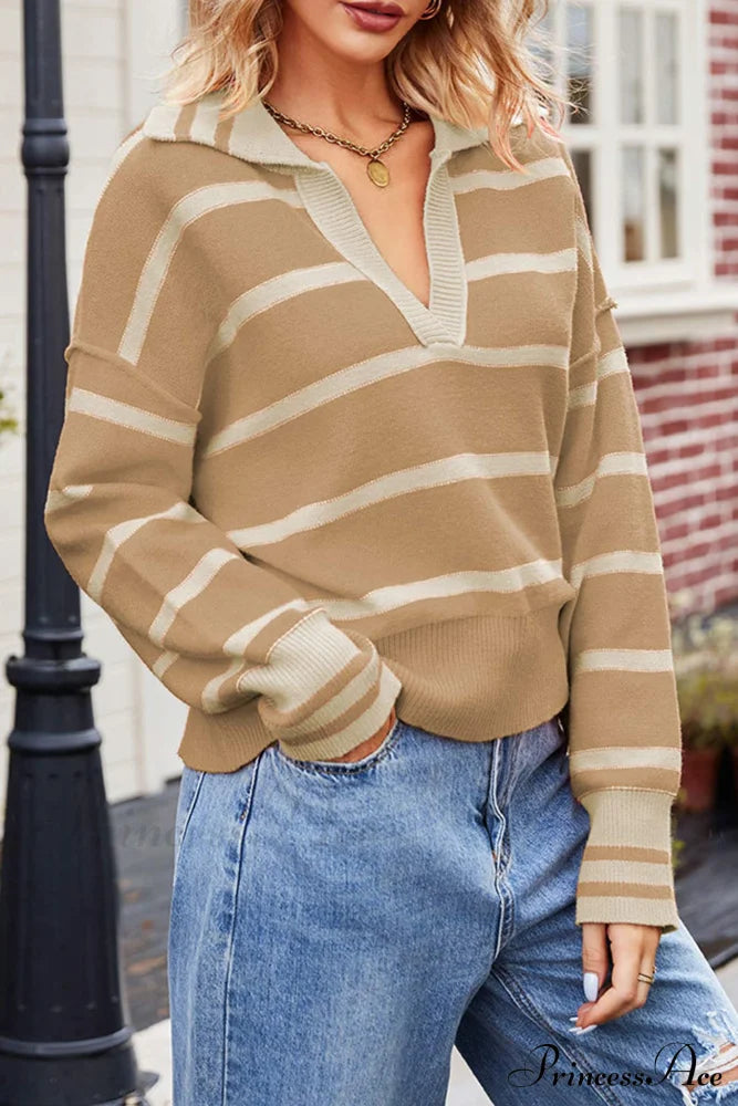 V-Neck Striped Sweater With Lapel Khaki / L Sweaters-L