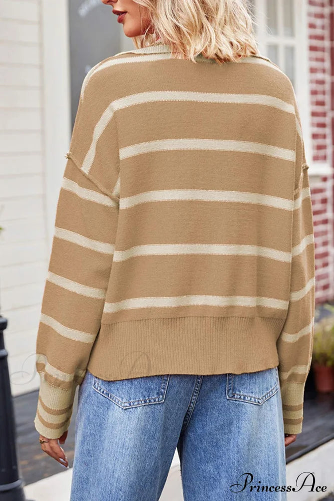 V-Neck Striped Sweater With Lapel Khaki / M Sweaters-L