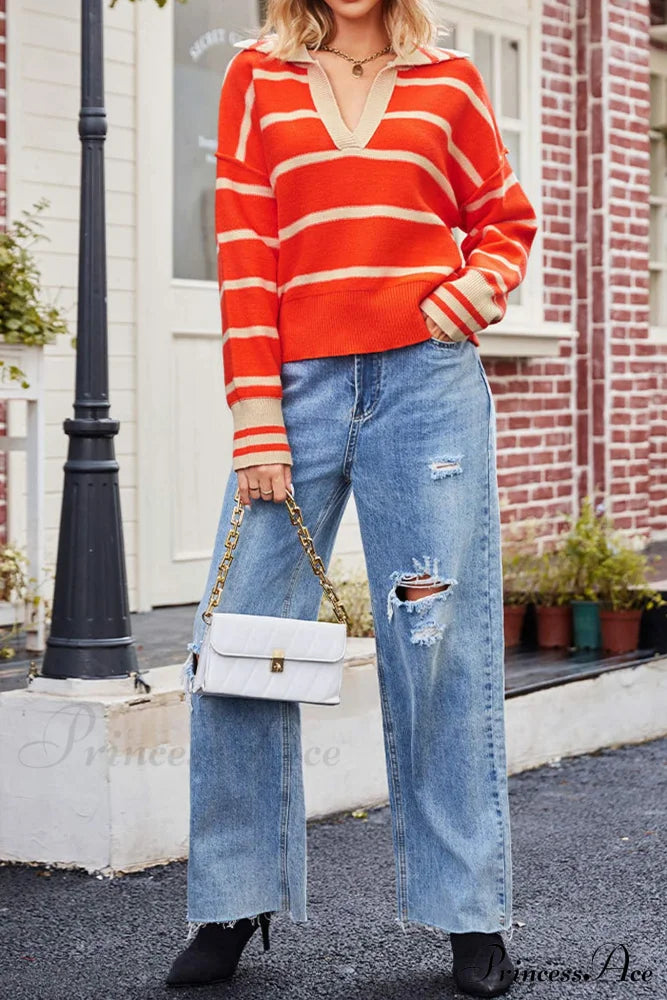 V-Neck Striped Sweater With Lapel Orange / L Sweaters-L