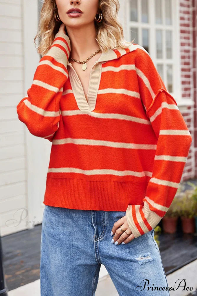 V-Neck Striped Sweater With Lapel Orange / Xl Sweaters-L