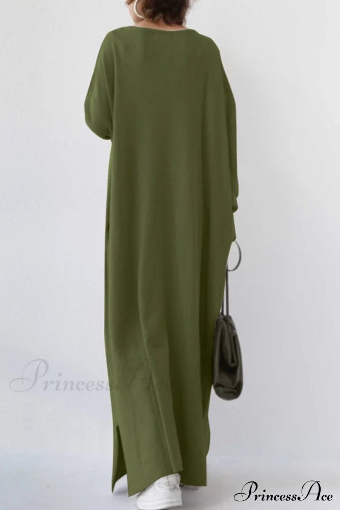 V Neck Sweatshirt Dress With Slit Hem Army Green / 4Xl Midi Dresses