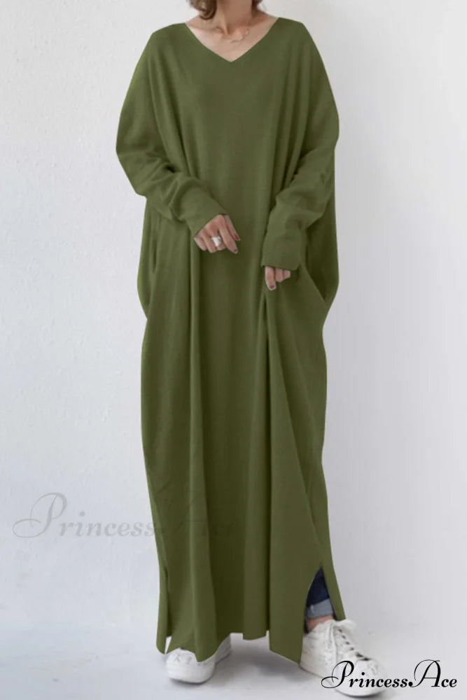 V Neck Sweatshirt Dress With Slit Hem Army Green / S Midi Dresses